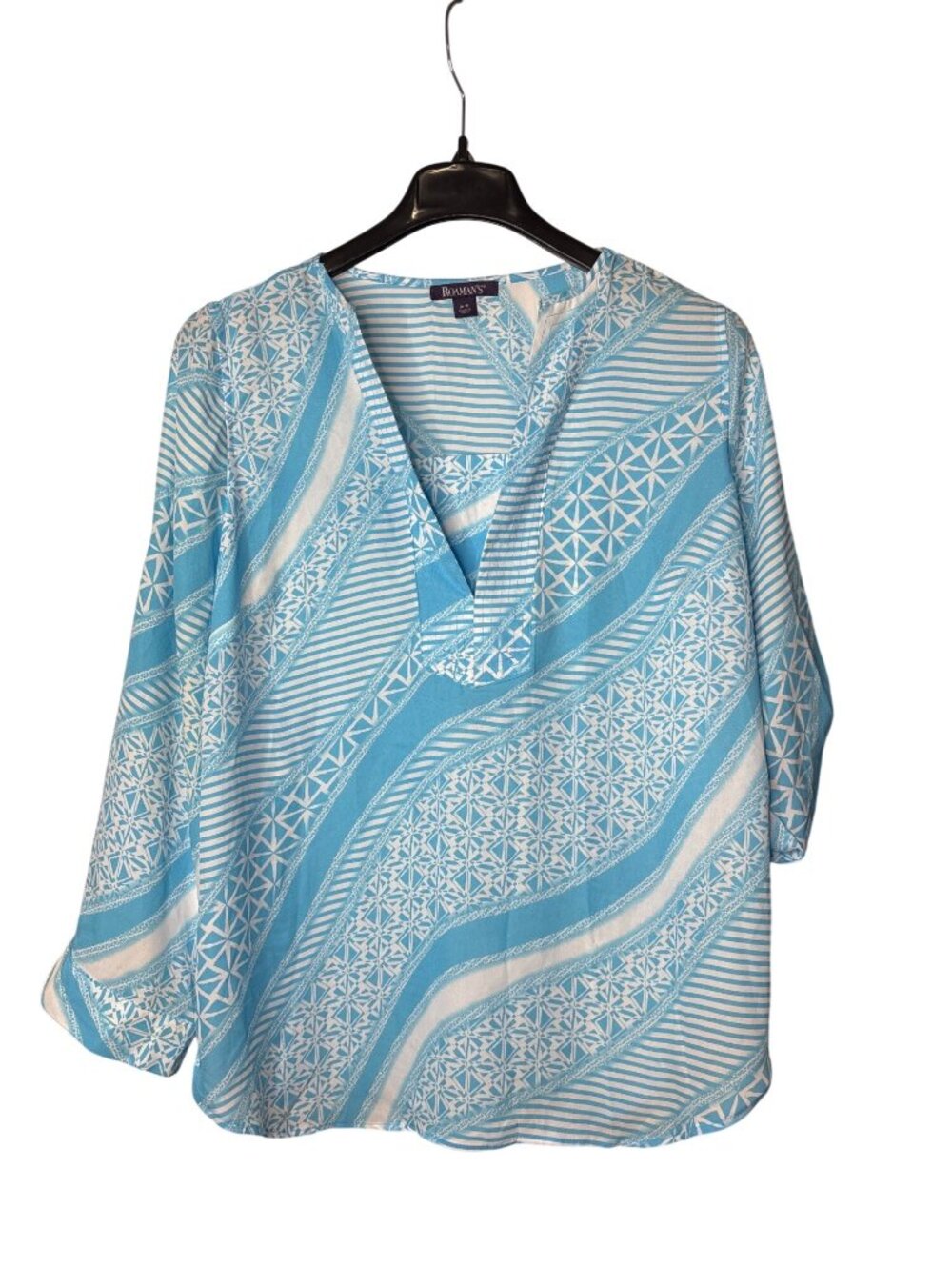 Roaman's Semi Sheer Tunic Top Blouse 16W Abstract Striped Blue White Polyester